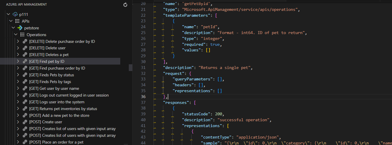 Zrzut ekranu przedstawiający interfejs API w rozszerzeniu usługi API Management.