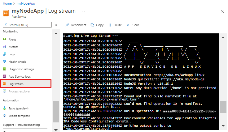 Zrzut ekranu przedstawiający strumień dziennika w usłudze aplikacja systemu Azure.