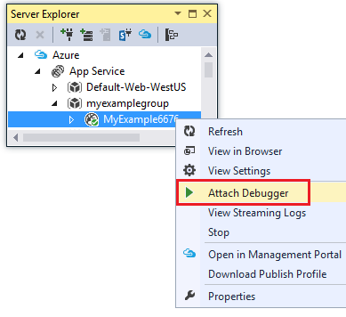 Zrzut ekranu przedstawiający okno Eksploratora serwera z wybraną aplikacją, a następnie klikając pozycję Dołącz debuger.