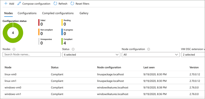 Zrzut ekranu przedstawiający wyniki zgodności DSC w witrynie Azure Portal.