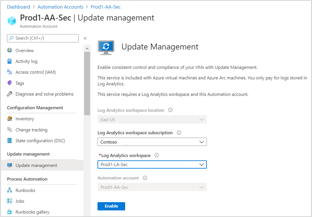 Włączanie rozwiązania Update Management