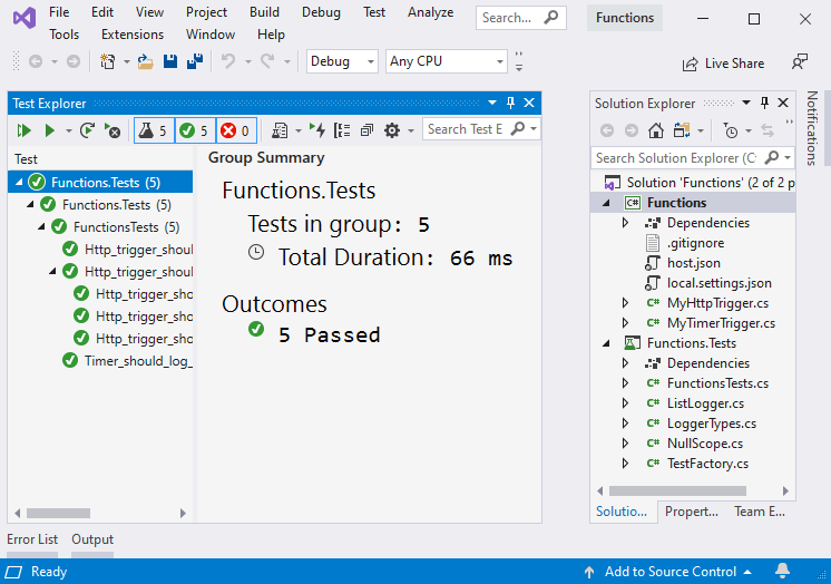 Testowanie usługi Azure Functions za pomocą języka C# w programie Visual Studio