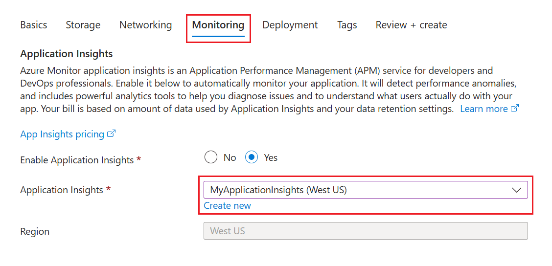 Zrzut ekranu przedstawiający wybieranie istniejącego zasobu usługi Application Insights na karcie Monitorowanie.