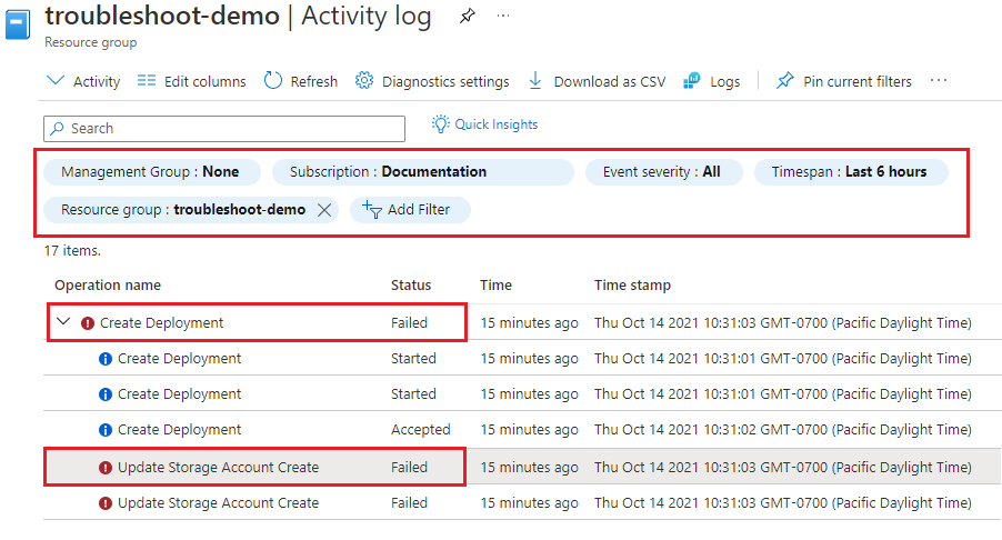 Zrzut ekranu przedstawiający dziennik aktywności grupy zasobów Azure Portal z wyróżnieniem nieudanego wdrożenia z dziennikiem błędów.