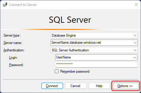 Zrzut ekranu przedstawiający przycisk Opcje programu SSMS.