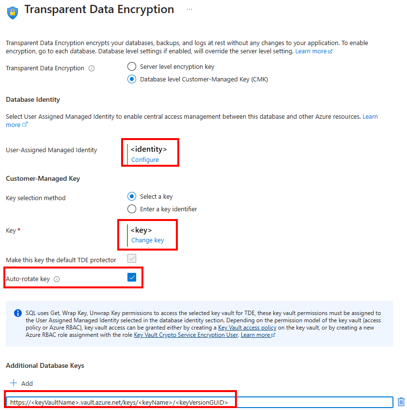 Zrzut ekranu przedstawiający menu przezroczystego szyfrowania danych w witrynie Azure Portal odwołujące się do dodawania dodatkowych kluczy.