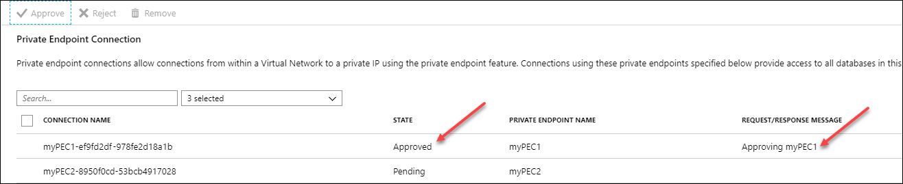 Zrzut ekranu przedstawiający witrynę Azure Portal, stronę połączeń prywatnych punktów końcowych z oczekującym i jedno zatwierdzone połączenie.