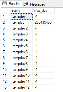 Zrzut ekranu przedstawiający okno wyników zapytania w programie SSMS z maksymalnym rozmiarem plików tempdb. 