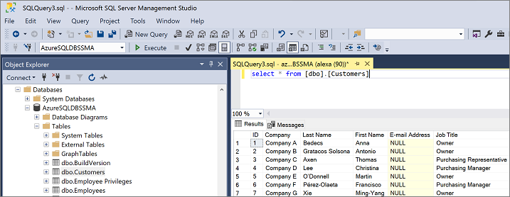 Zrzut ekranu programu SQL Server Management Studio Eksplorator obiektów do sprawdzania poprawności migracji w programie SSMA.