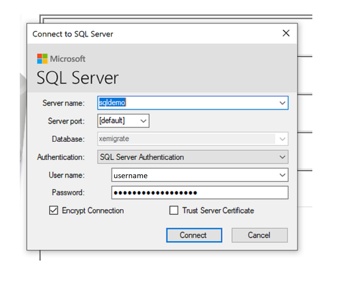 Zrzut ekranu przedstawiający krok łączenia się z obiektem docelowym sql.