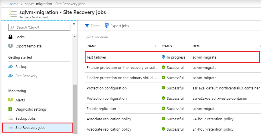 Monitorowanie postępu testu trybu failover