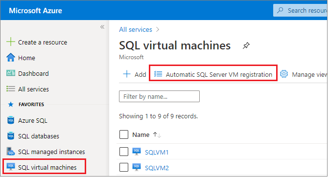 Zrzut ekranu przedstawiający sposób wybierania automatycznej rejestracji maszyny wirtualnej z programem SQL Server w celu otwarcia strony automatycznej rejestracji