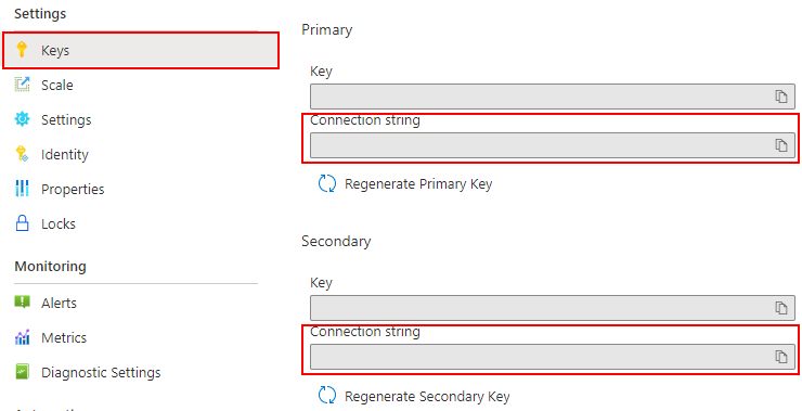 Zrzut ekranu przedstawiający kopiowanie parametry połączenia Web PubSub.