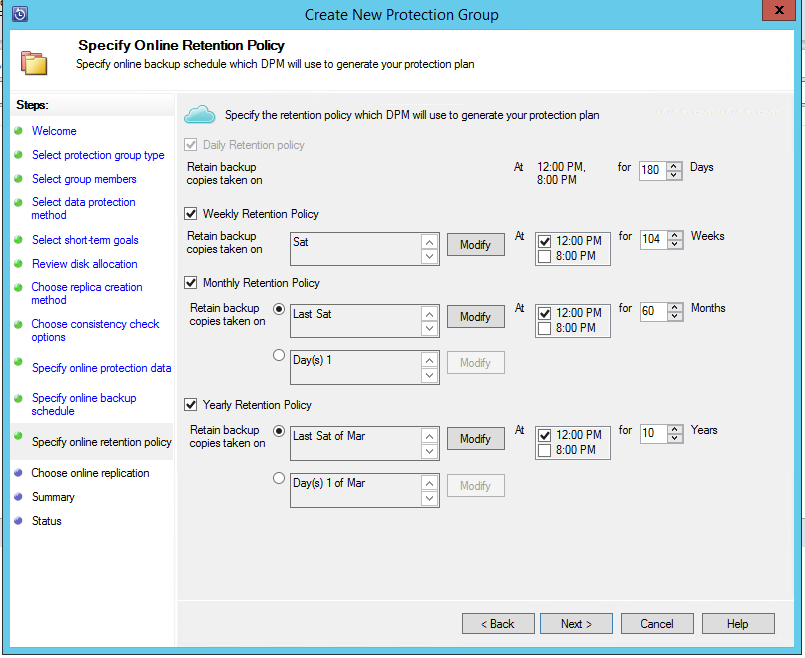 Screenshot shows how to choose the retention Policy.