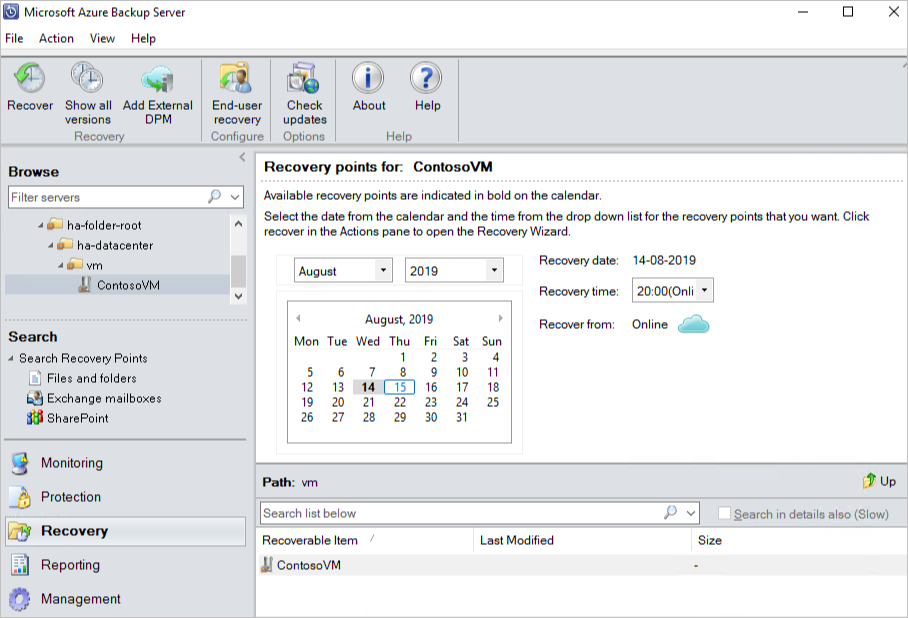 Screenshot showing the available recovery points for VMware vCenter Server.