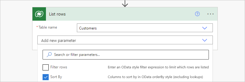 Screenshot shows Consumption workflow, a Dataverse action, and property named Sort By.