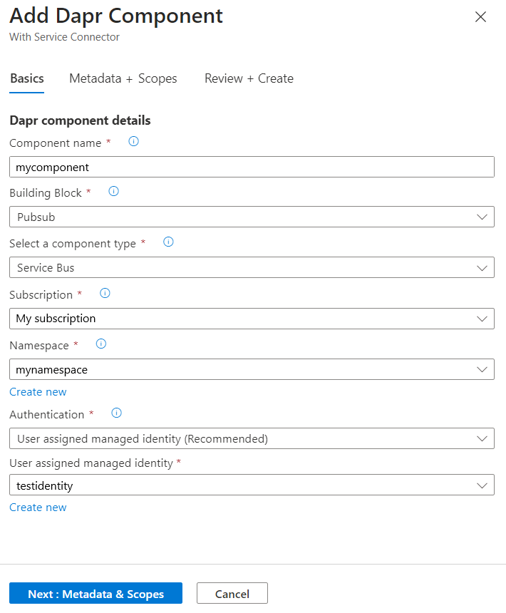 Zrzut ekranu platformy Azure przedstawiający kartę Podstawy dodawania składnika Dapr Pub/sub.