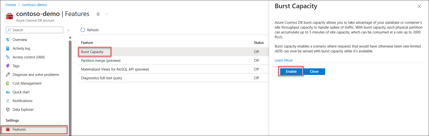 Zrzut ekranu przedstawiający funkcję burst capacity na stronie Funkcje na koncie usługi Azure Cosmos DB.