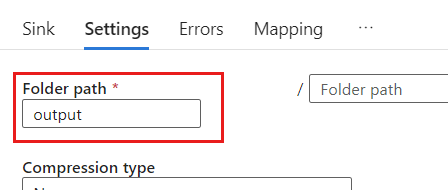 Zrzut ekranu przedstawiający kontener obiektów blob o nazwie output set jako obiekt docelowy ujścia.