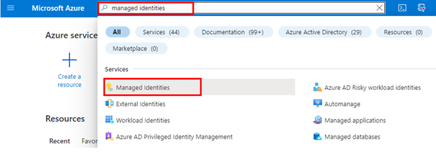 Zrzut ekranu przedstawiający tożsamości zarządzane w witrynie Azure Portal.