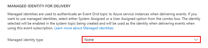Zrzut ekranu przedstawiający sekcję Tożsamość zarządzana na potrzeby dostarczania z wybraną opcją typ tożsamości zarządzanej.