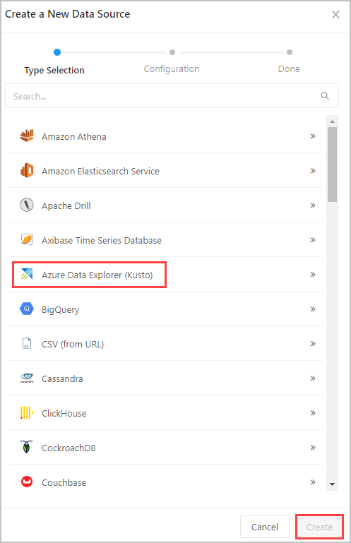 Wybierz pozycję Źródło danych usługi Azure Data Explorer.