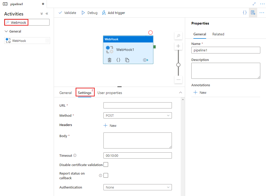 Pokazuje interfejs użytkownika dla działania elementu webhook.