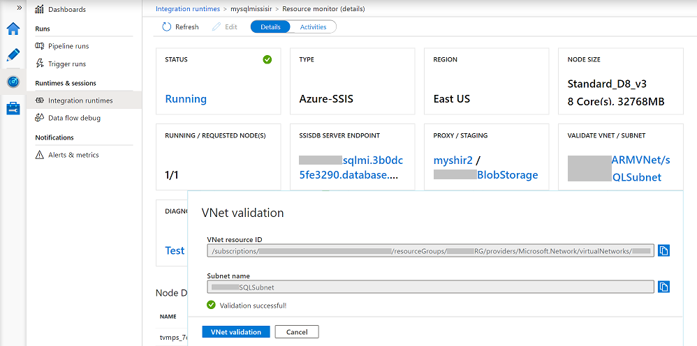 Monitorowanie środowiska Azure-SSIS IR — kafelek VALIDATE