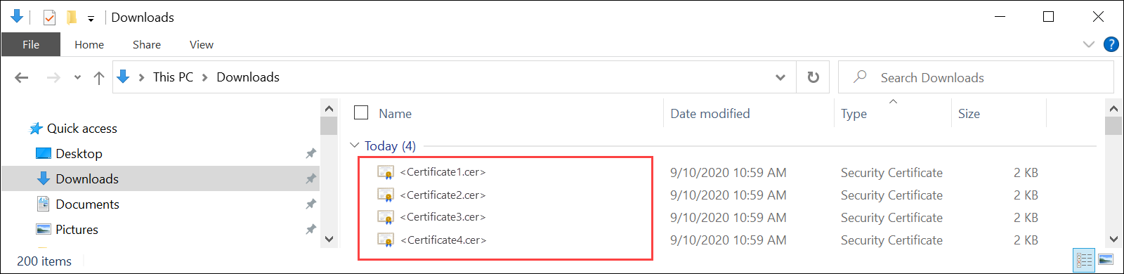 Screenshot showing downloaded certificates in Windows File Explorer. Certificates for an Azure Stack Edge device are highlighted.