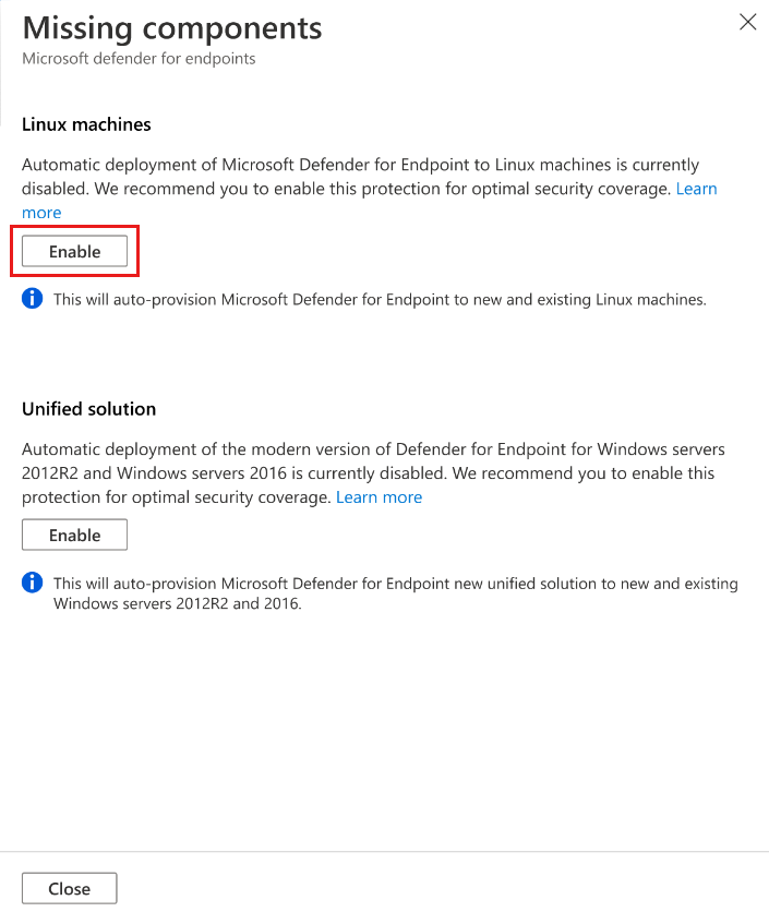 Zrzut ekranu przedstawiający włączanie integracji między Defender dla Chmury i rozwiązaniem EDR firmy Microsoft Ochrona punktu końcowego w usłudze Microsoft Defender dla systemu Linux.