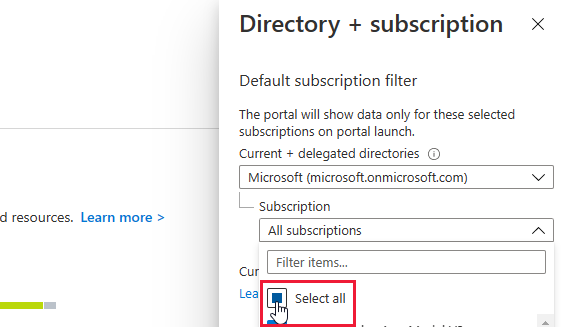 Filtrowanie subskrypcji w witrynie Azure Portal.