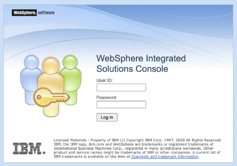 Zrzut ekranu przedstawiający stronę logowania konsoli IBM WebSphere Integrated Solutions.