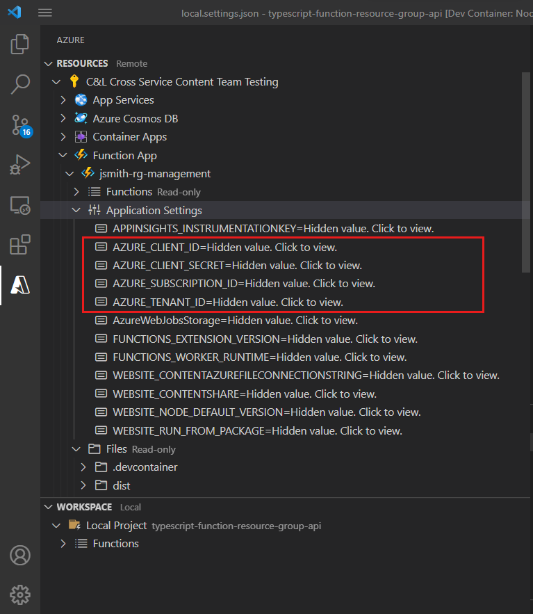 Częściowy zrzut ekranu eksploratora platformy Azure programu Visual Studio Code przedstawiający ustawienia aplikacji funkcji zdalnej/chmury.