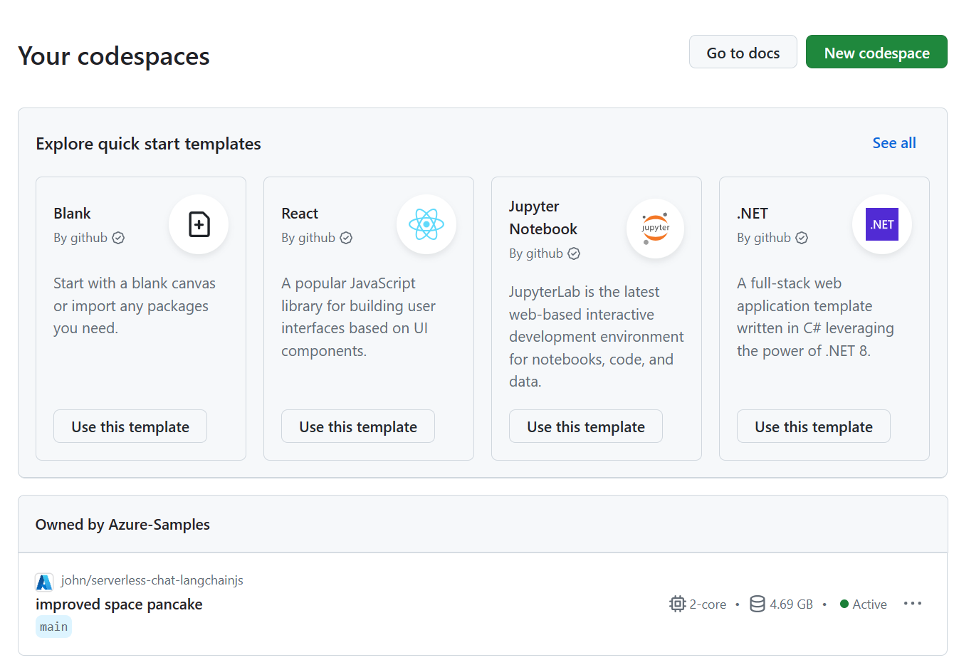 Screenshot of all the running Codespaces including their status and templates.