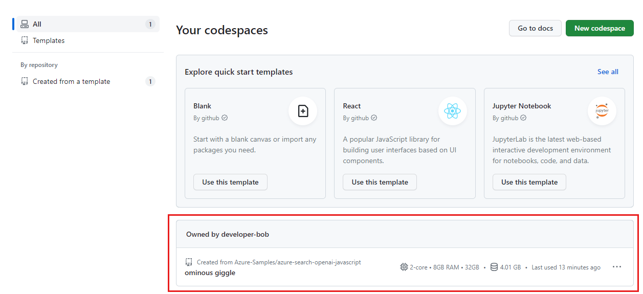 Zrzut ekranu przedstawiający wszystkie uruchomione obszary Codespace, w tym ich stan i szablony.