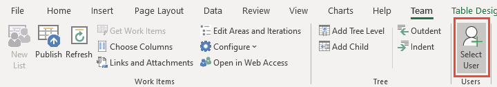 Zrzut ekranu przedstawiający wstążkę Zespół, Wybierz użytkownika.