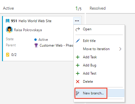 Zrzut ekranu przedstawiający kartę tablicy, menu, wybierz opcję Nowa gałąź.