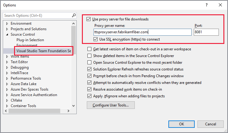 Zrzut ekranu przedstawiający stronę konfiguracji serwera proxy tfVC programu VS, okno dialogowe Opcje.