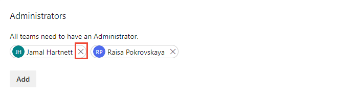 Zrzut ekranu przedstawiający ikonę X wybraną do usunięcia administratora zespołu.