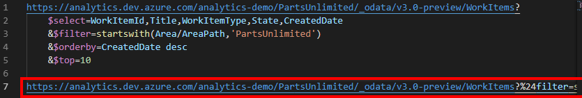 Zrzut ekranu przedstawiający rozszerzenie OData programu Visual Studio Code połączone z zapytaniem jednowierszowym.