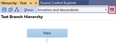 Zrzut ekranu programu Visual Studio z hierarchią gałęzi Test. Wyróżniono przycisk po prawej stronie menu Pokaż.