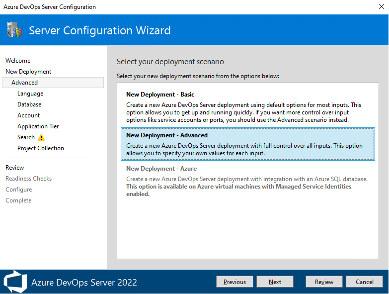 Zrzut ekranu przedstawiający Kreatora konfiguracji serwera, Nowe wdrożenie, Wybrana opcja Zaawansowana, 2022.