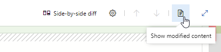 Zrzut ekranu przedstawiający opcje różnic side-by-side z kursorem najeżdżającym kursorem na zawartość Pokaż zmodyfikowaną.