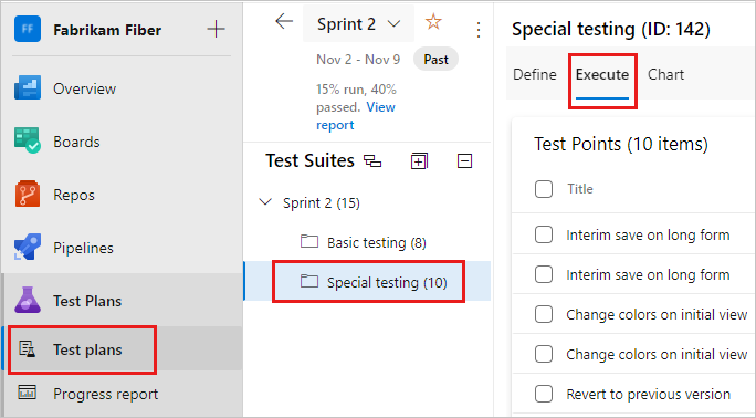 Zrzut ekranu przedstawiający zestaw testów wybrany z wybraną kartą Wykonaj