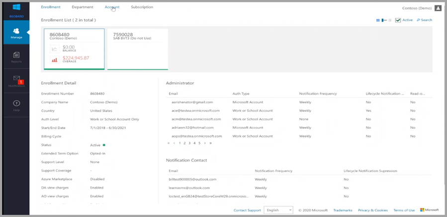 A screenshot of the Enterprise Agreement management portal page.