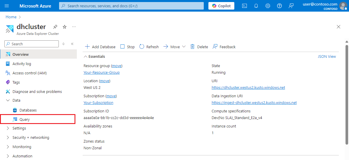 Screenshot of the Azure portal showing a database in an Azure Data Explorer cluster.