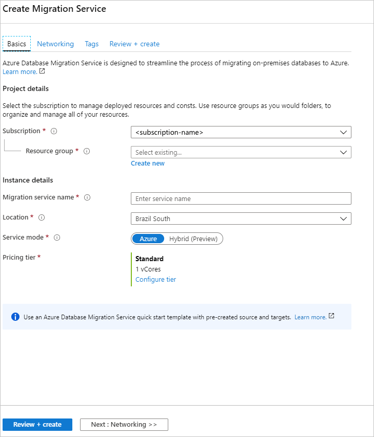 Zrzut ekranu przedstawiający konfigurowanie ustawień wystąpienia usługi Azure Database Migration Service.