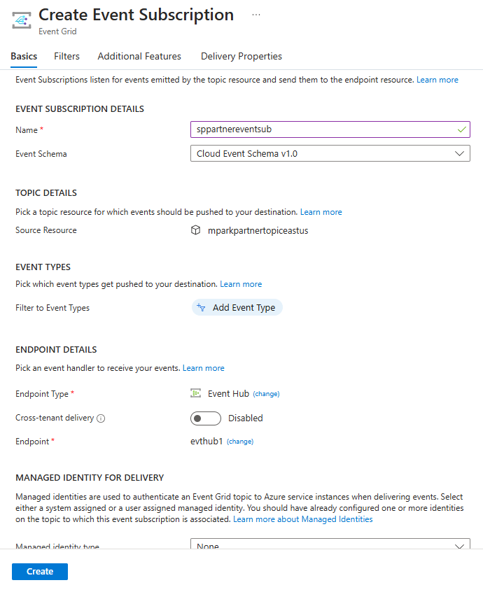 Screenshot showing the Create Event Subscription page with example configurations.