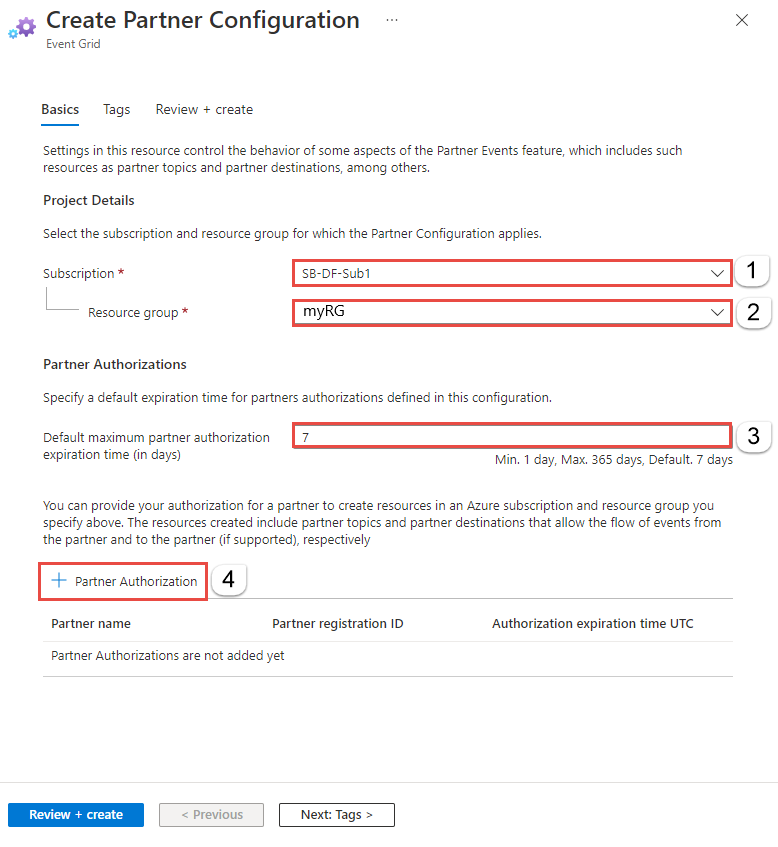 Screenshot showing the Create Partner Configuration page with the Partner Authorization link selected.