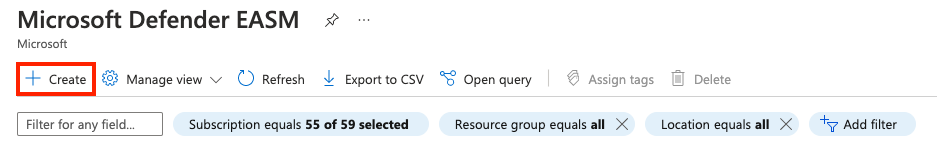 Screenshot that shows the Create button highlighted in the Defender EASM list view.